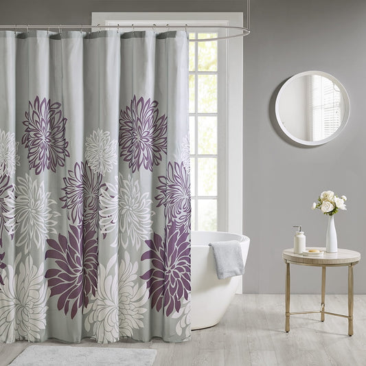 MAYEERTY Purple Printed Floral Bathroom Shower Curtains with 12 pcs Hooks,72" x 72"
