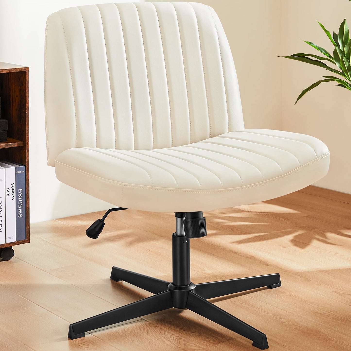 MAYEERTY Wide Desk Chair ï¼ŒNo Wheels Cross Legged Office Chair Armless Office Chairï¼ŒCream