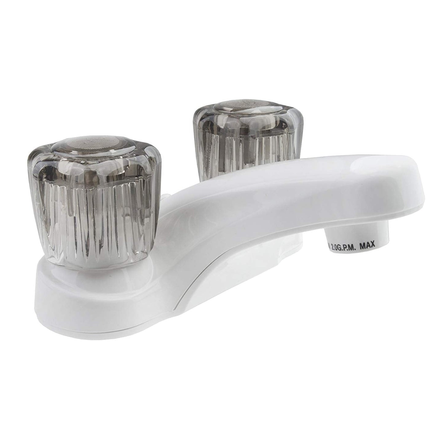 Dura Faucet Lavatory Faucet with Smoked Acrylic Knobs for RV Bathrooms - White