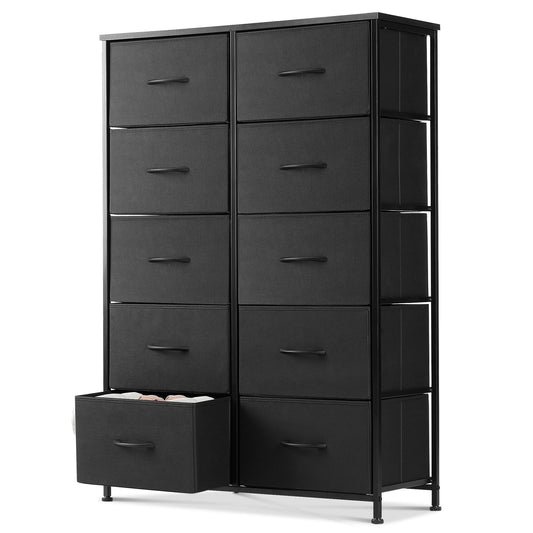 EDX 10 Drawer Dresser, Wide Chest of Drawers Nightstand Storage Tower Storage Fabric Dresser with Wood Top for Living Room, Bedroom, Hallway, Black