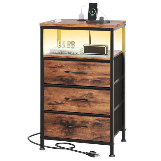 edx 3 Fabric Drawers Nightstand with Charging Station & USB/Type-C Ports and Outlets, Variable Light Strip Bedside End Table with Adjustable Feet for Bedroom, Rust Brown