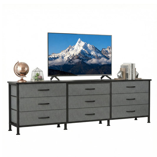 edx 9 Drawer Dresser for Bedroom, 63" Fabric Chest, TV Stand for 65, 70, 75 inch TV, Wide Storage Organizer for Closet, Hallway & Living Room, Gray