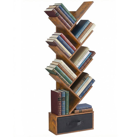 EDX 7-Tier Tree Bookshelf with Drawer, Tall Narrow Wood Bookcase for Living Room, Bedroom, Floor Standing Storage Shelf for Corner & Small Space, Rustic Brown