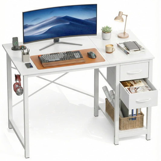 edx Office Desk with 2 Fabric Drawers & Headphone Hook, 40â€ PC Table Writing Desk with Storage Shelf, Computer Workstation for Bedroom Study,White