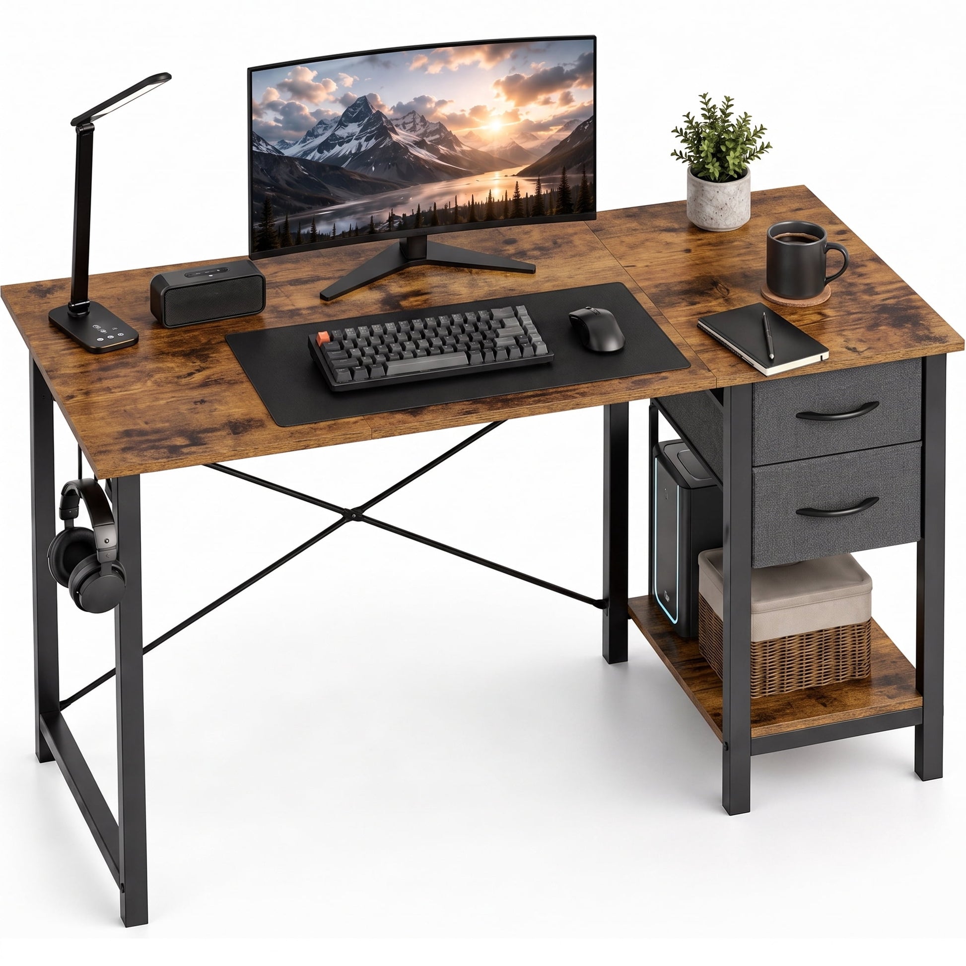 edx 47â€ Home Office Computer Desk with 2 Fabric Drawers, Storage Shelf, X-Frame Support, Spacious Computer Workstation Writing and Study Desk,Rust
