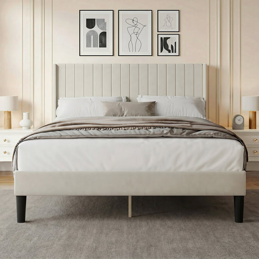 EDX Queen Size Upholstered Platform Bed Frame with Padded Wingback Headboard, Modern Accent Bedroom Furniture, Beige Velvet