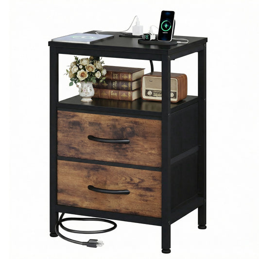 EDX Wall-mounted bedside table, featuring a built-in socket with USB/Type-C interface and adjustable drawers (two). Suitable for bedroom. Black+Genuine antique wood color