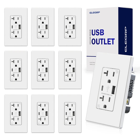 ELEGRP USB Charger Wall Outlet, USB Receptacle with Type A & Type C USB Ports, 20 Amp Duplex Tamper Resistant Receptacle, Wall Plate Included, UL Listedï¼ŒWhite,10PC