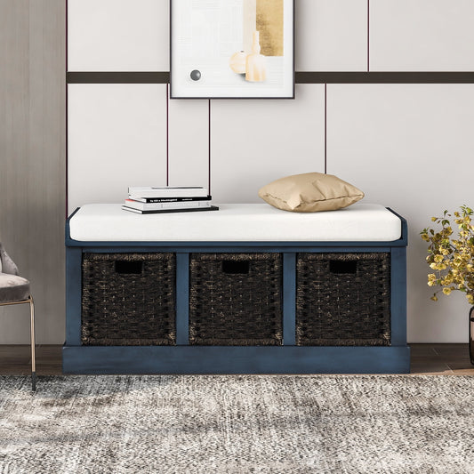 Euroco 41"  Rustic Storage Bench, Wood Entry Bench with 3 Removable Classic Rattan Baskets & Removable Cushions  for Living Room, Balcony, White