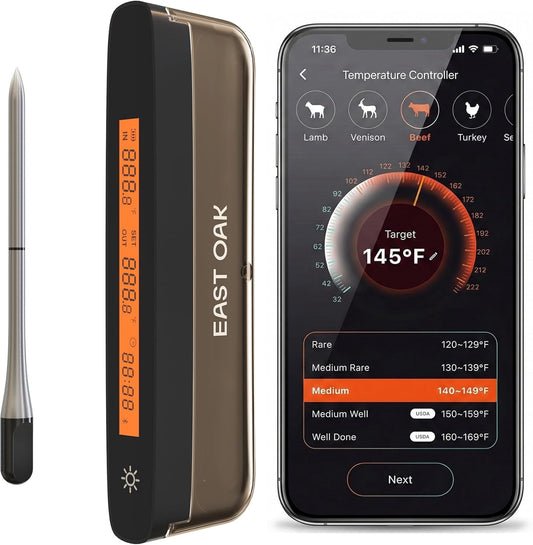 East Oak Wireless Meat Thermometer | 5-Sensor Precision for Chef-Level Results | Extreme Heat Resistance | Smart App Remote Monitoring | Perfect for Grills, Smokers, Ovens & Air Fryers, Brown