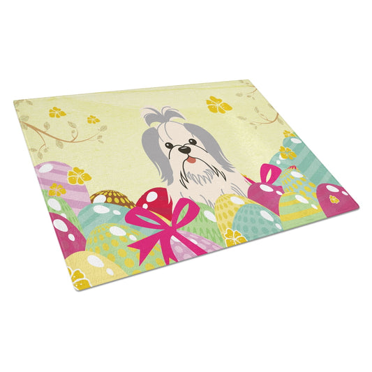 Easter Eggs Shih Tzu Silver White Glass Cutting Board Large