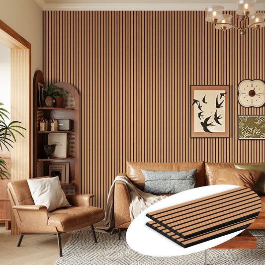 Easy4Home 2Pcs 106"x20.5" Wood Slat Acoustic Wall Panels, 3D Fluted Soundproof Decorative Panels for Interior Walls, Light Brown
