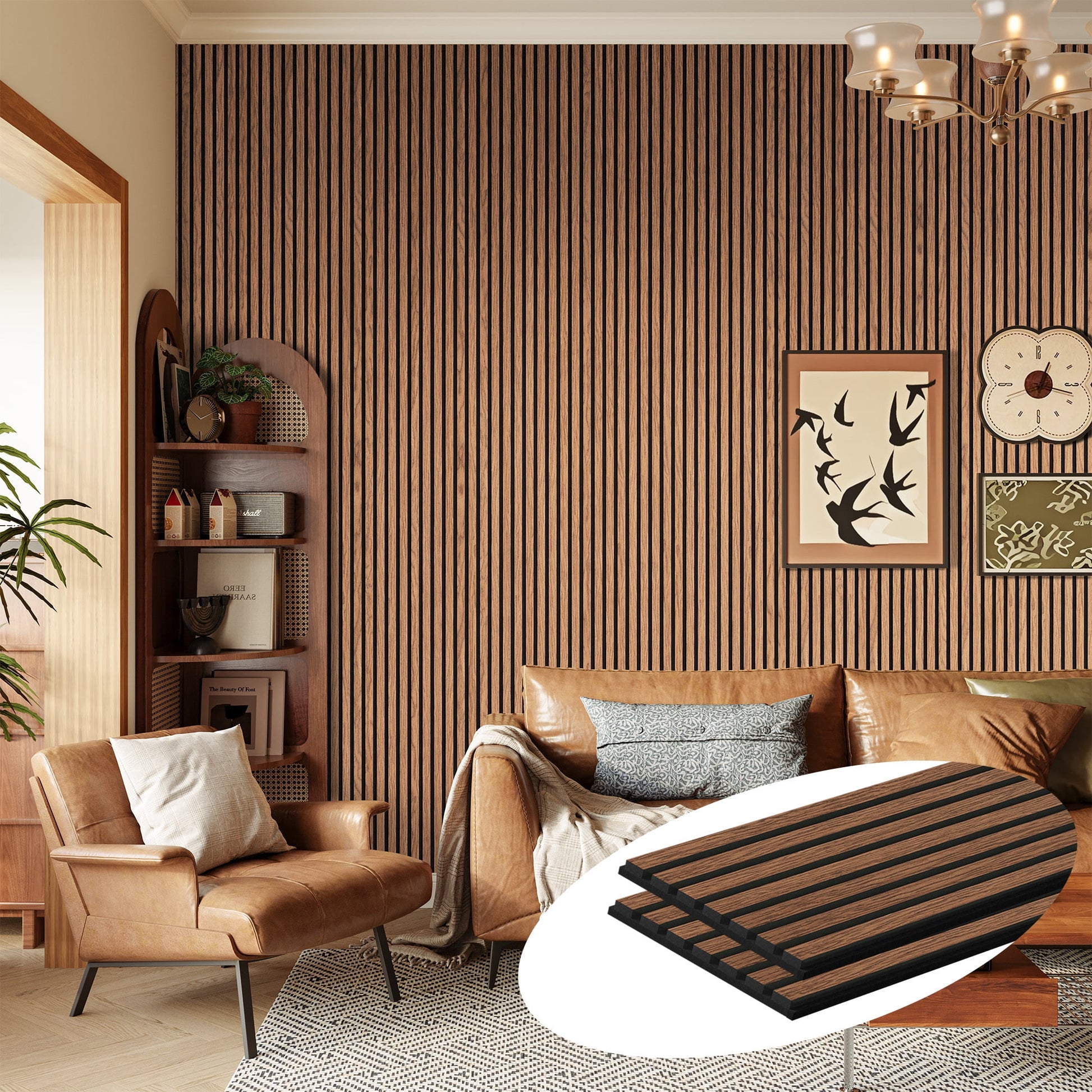 Easy4Home 2Pcs 94.5"x23.6" Wood Slat Acoustic Wall Panels, 3D Fluted Soundproof Decorative Panels for Interior Walls, Classic Brown