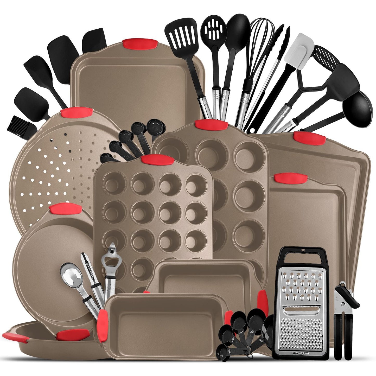 EatEx Kitchen Brown Utensil Set 24 Nylon Stainless Steel Utensil Set & Brown 15 Piece Bakeware Set