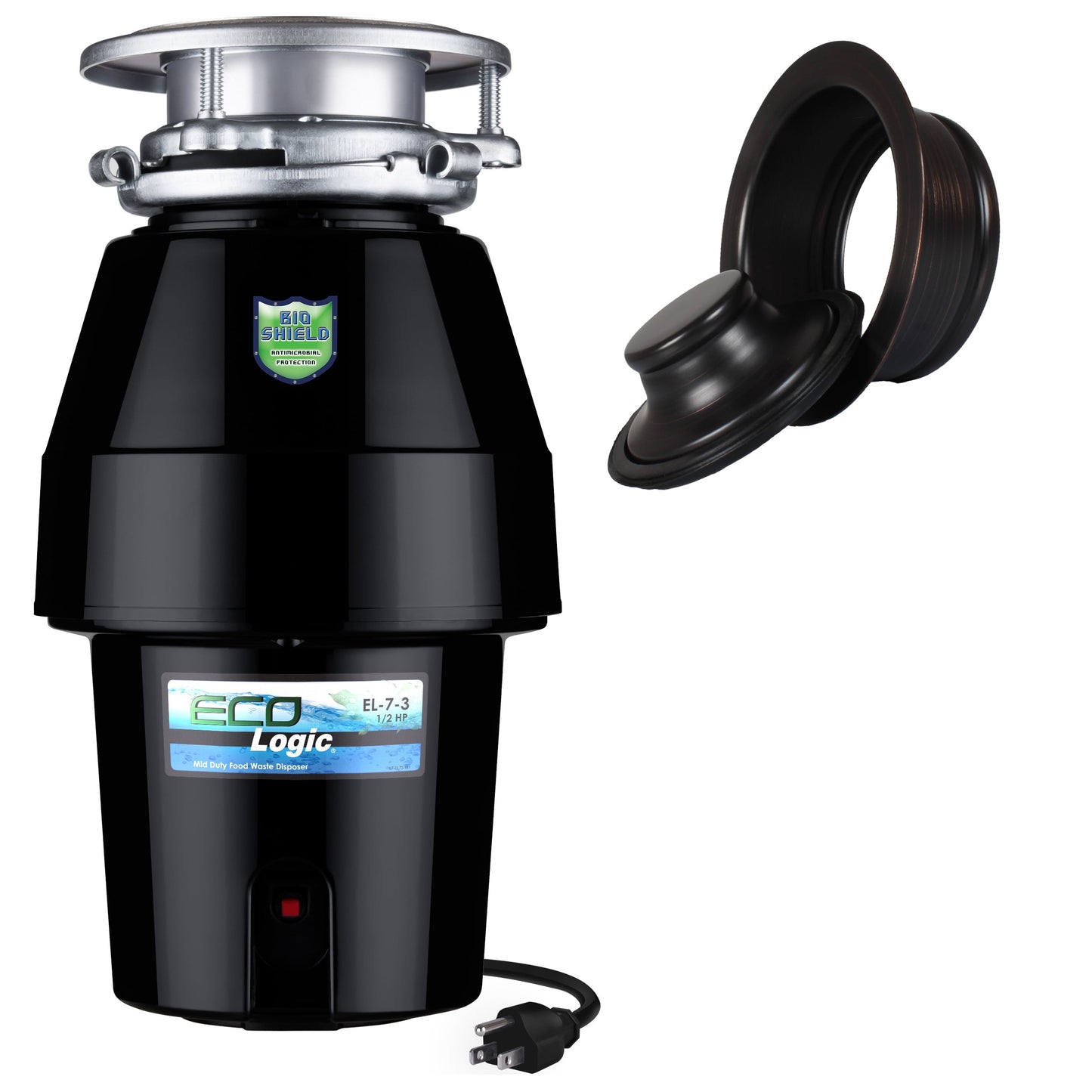 Eco Logic 1/2 HP Garbage Disposal with Black Sink Flange and Stopper Kit 10-US-EL-7-DS-3B-BK