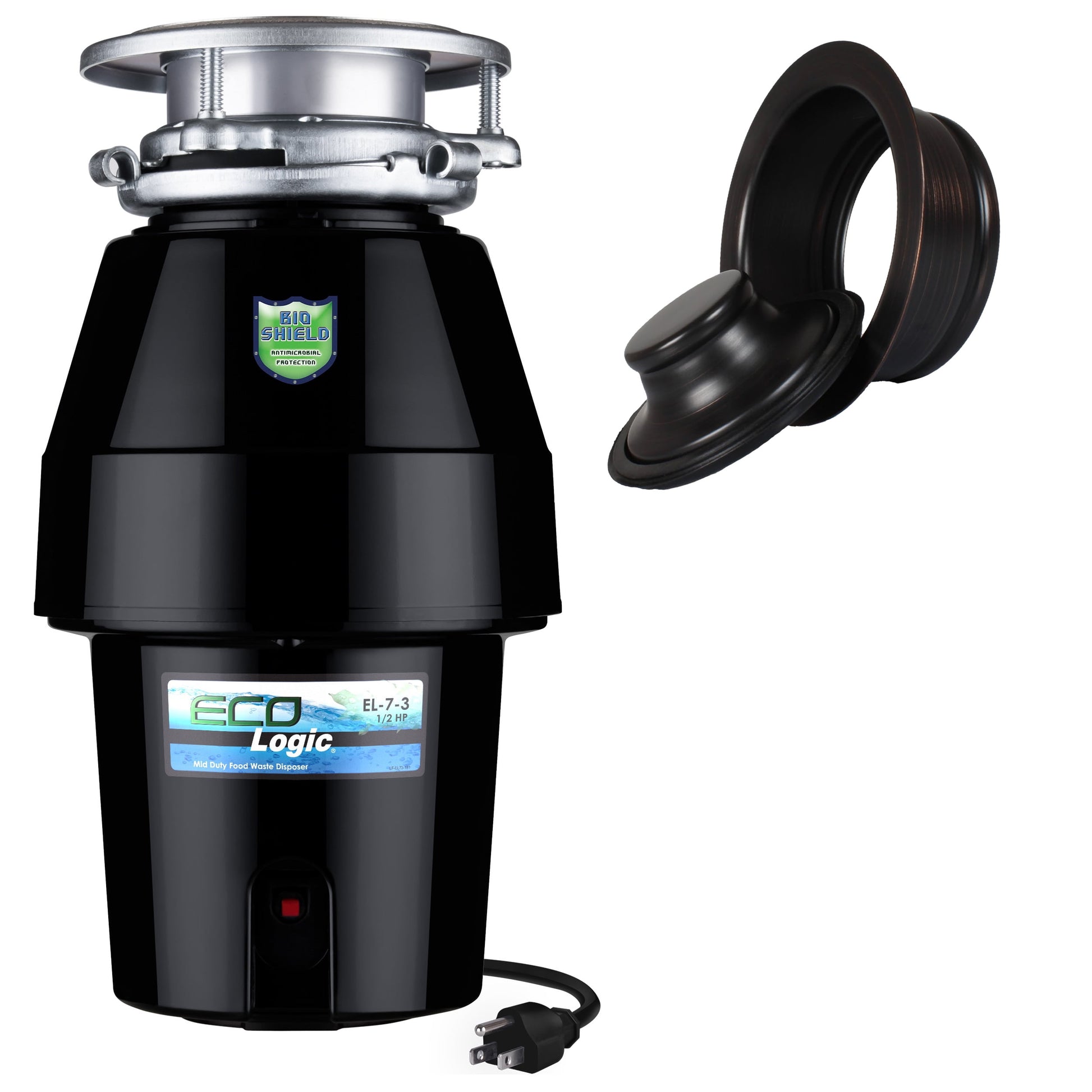 Eco Logic 1/2 HP Garbage Disposal with Black Sink Flange and Stopper Kit 10-US-EL-7-DS-3B-BK