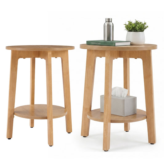 EDX Juego de 2 Mesas Auxiliares Redondas PequeÃ±as, Mesa de Noche Moderna con Patas CÃ³nicas, Mesa Lateral de Almacenamiento de 2 Niveles, FÃ¡cil de Ensamblar, Mesa Decorativa Que Ahorra Espacio para Sala de Estar Dormitorio, Madera Natural