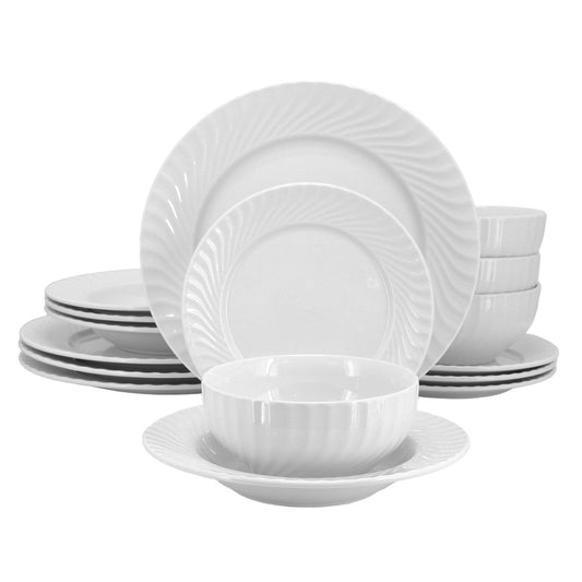 Elama Jane 16 Piece Scalloped Double Bowl Porcelain Dinnerware Set in White
