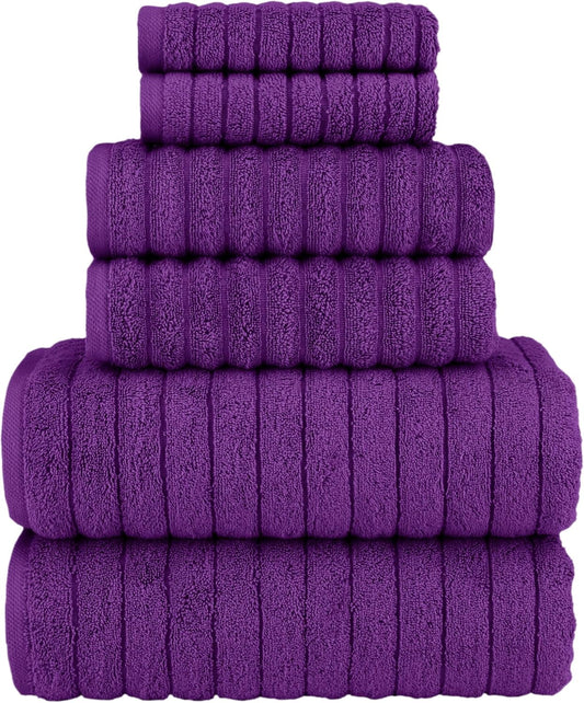 Elegant Comfort 100% Turkish Cotton Corduroy Ribbed Luxury Bath Towels 6-Piece Set, Premium Feel - Quick Dry, Highly Absorbent, Contains 2 Bath Towels, 2 Hand Towels, and 2 Washcloths, Purple