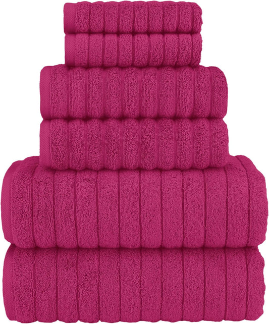 Elegant Comfort 100% Turkish Cotton Corduroy Ribbed Luxury Bath Towels 6-Piece Set, Premium Feel - Quick Dry, Highly Absorbent, Contains 2 Bath Towels, 2 Hand Towels, and 2 Washcloths, Hot Pink