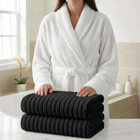 Elegant Comfort 3-Piece Spa Bath Set â€“ Plush Bathrobe & 2 Ribbed Bath Towels, Thick Absorbent Hotel Quality Bathroom Essentials, White Bath Towel, White Robe ,Large