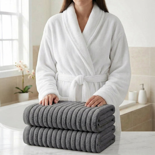 Elegant Comfort 3-Piece Spa Bath Set â€“ Plush Bathrobe & 2 Ribbed Bath Towels, Thick Absorbent Hotel Quality Bathroom Essentials, Gray Bath Towel, White Robe ,Small