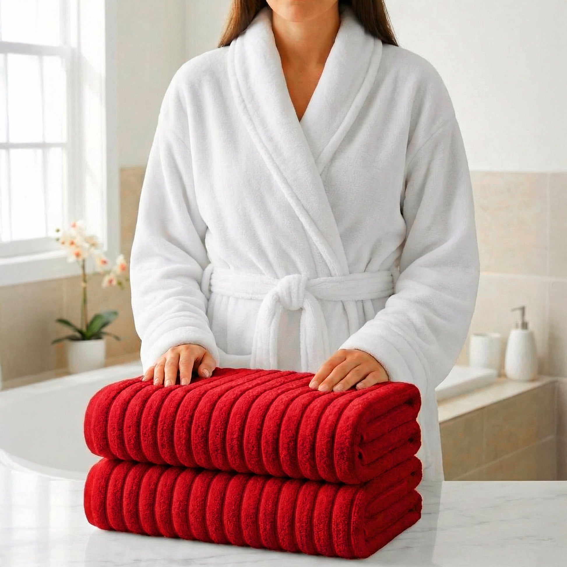 Elegant Comfort 3-Piece Spa Bath Set â€“ Plush Bathrobe & 2 Ribbed Bath Towels, Thick Absorbent Hotel Quality Bathroom Essentials, Red Bath Towel, White Robe ,Medium