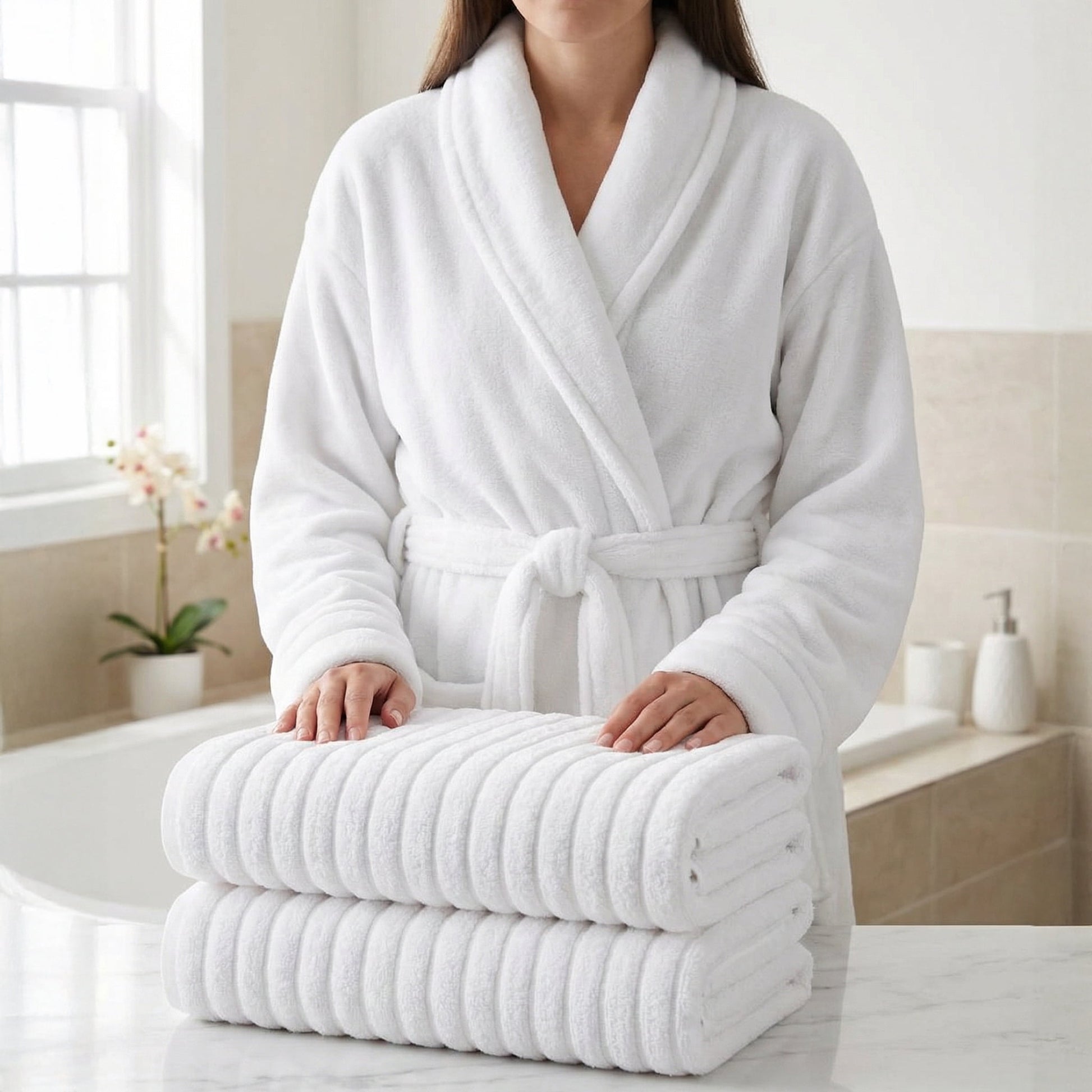 Elegant Comfort 3-Piece Spa Bath Set â€“ Plush Bathrobe & 2 Ribbed Bath Towels, Thick Absorbent Hotel Quality Bathroom Essentials, White Bath Towel, White Robe ,X-Large