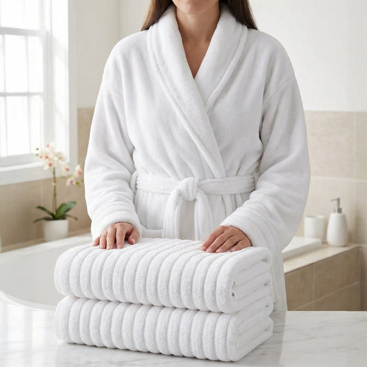 Elegant Comfort 3-Piece Spa Bath Set â€“ Plush Bathrobe & 2 Ribbed Bath Towels, Thick Absorbent Hotel Quality Bathroom Essentials, White Bath Towel, White Robe ,X-Large