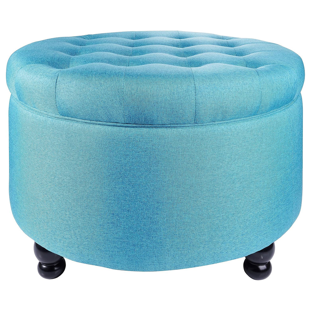 Elevon Large Round Storage Ottoman with Hidden Compartment, Upholstered Accent Ottoman for Living Room and Bedroom, Navy Blue / Blue / Grey