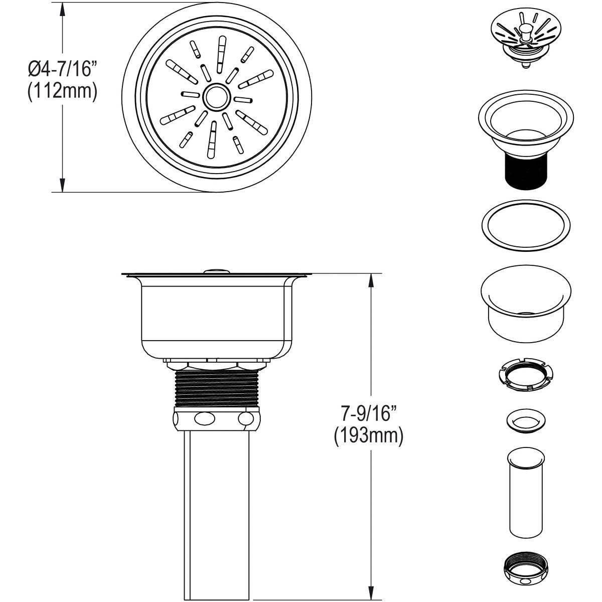 Elkay Deluxe 3-1/2" Drain Type 304 Stainless Steel Body, Strainer Basket Rubber Seal and Tailpiece