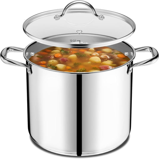 Emporio Kitchen Stainless Steel 12QT Stock Pot with Glass Lid â€“ Durable 18/0 Steel, Even-Heat Base, Riveted Handles, Oven & Stove Compatible, 500Â°F