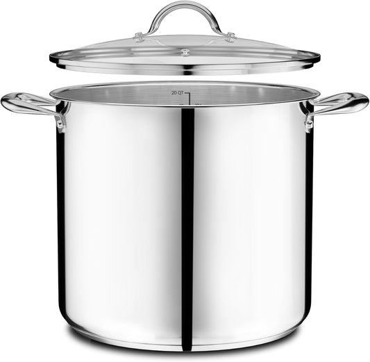 Emporio Kitchen Stainless Steel 20QT Stock Pot with Glass Lid â€“ Durable 18/0 Steel, Even-Heat Base, Riveted Handles, Oven & Stove Compatible, 500Â°F