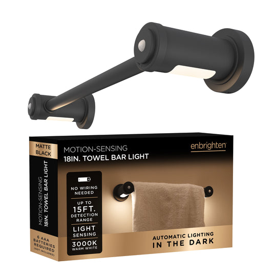 Enbrighten Towel Bar Light, Battery Operated, Motion Sensing, 18in, Matte Black, 79183
