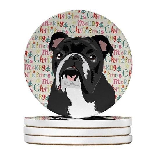 English Bulldog Black and White Christmas Large Sandstone Coasters Pack of 4 4 in x 4 in