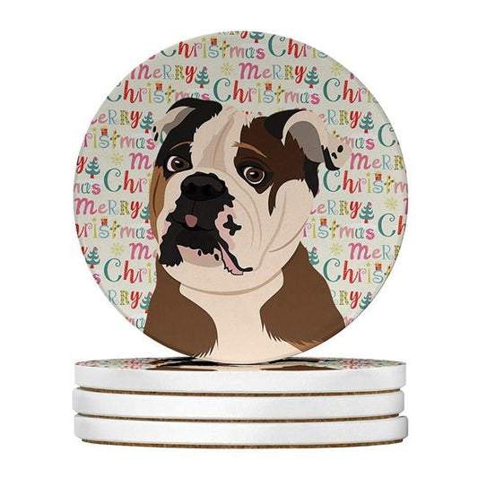 English Bulldog Chocolate Tan Christmas Large Sandstone Coasters Pack of 4 4 in x 4 in
