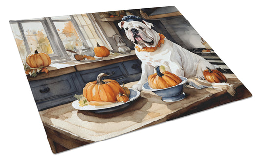 English Bulldog Fall Kitchen Pumpkins Glass Cutting Board Large 12 in x 15 in