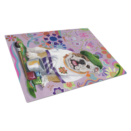 English Bulldog Flower Power Glass Cutting Board Large