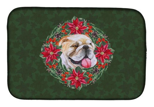 English Bulldog Poinsetta Wreath Dish Drying Mat