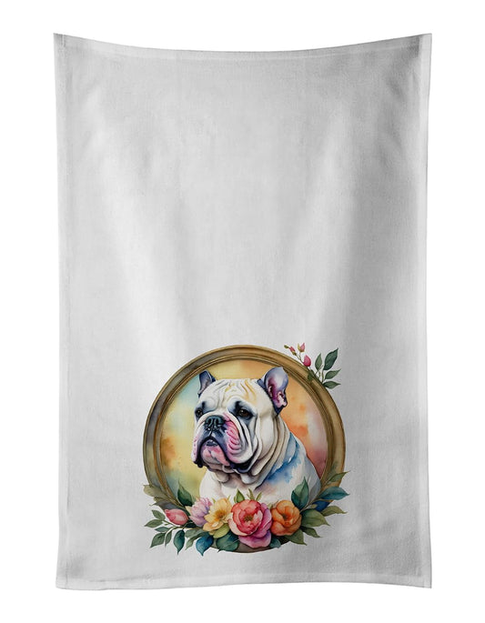 English Bulldog and Flowers Kitchen Towel Set of 2 White Dish Towels 19 in x 28 in