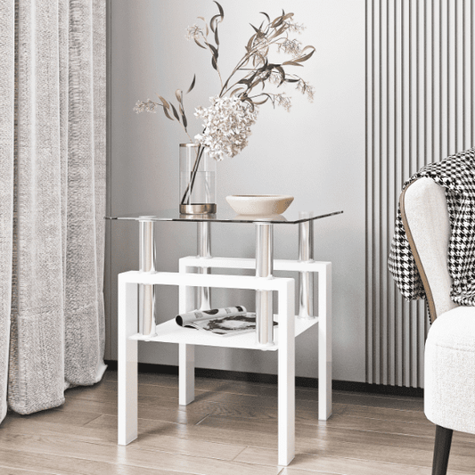 Euroco 1-Piece Modern Tempered Glass Tea Table Coffee Table End Table, Square Table for Living Room, Transparent/White