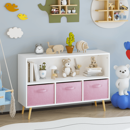 Euroco Kids bookcase with Collapsible Fabric Drawers, Children's Book Display, Toy Storage Cabinet Organizer, White/Pink