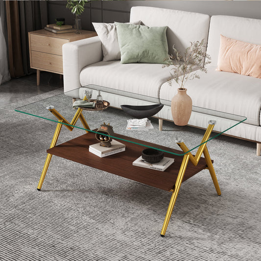 Euroco Rectangle Coffee Table with Tempered Glass top and Golden Metal Legs, Modern Table for Living Room , Transparent Glass