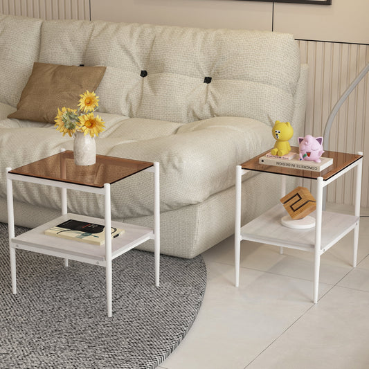Euroco Set of 2 Rectangle End Table, Tempered Glass Tabletop with MDF layer, Modern Table for Living Room , Brown Glass