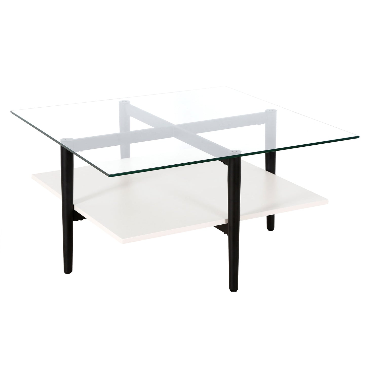 Evelyn&Zoe Otto 32" Wide Square Coffee Table with Faux Walnut Shelf, Brass