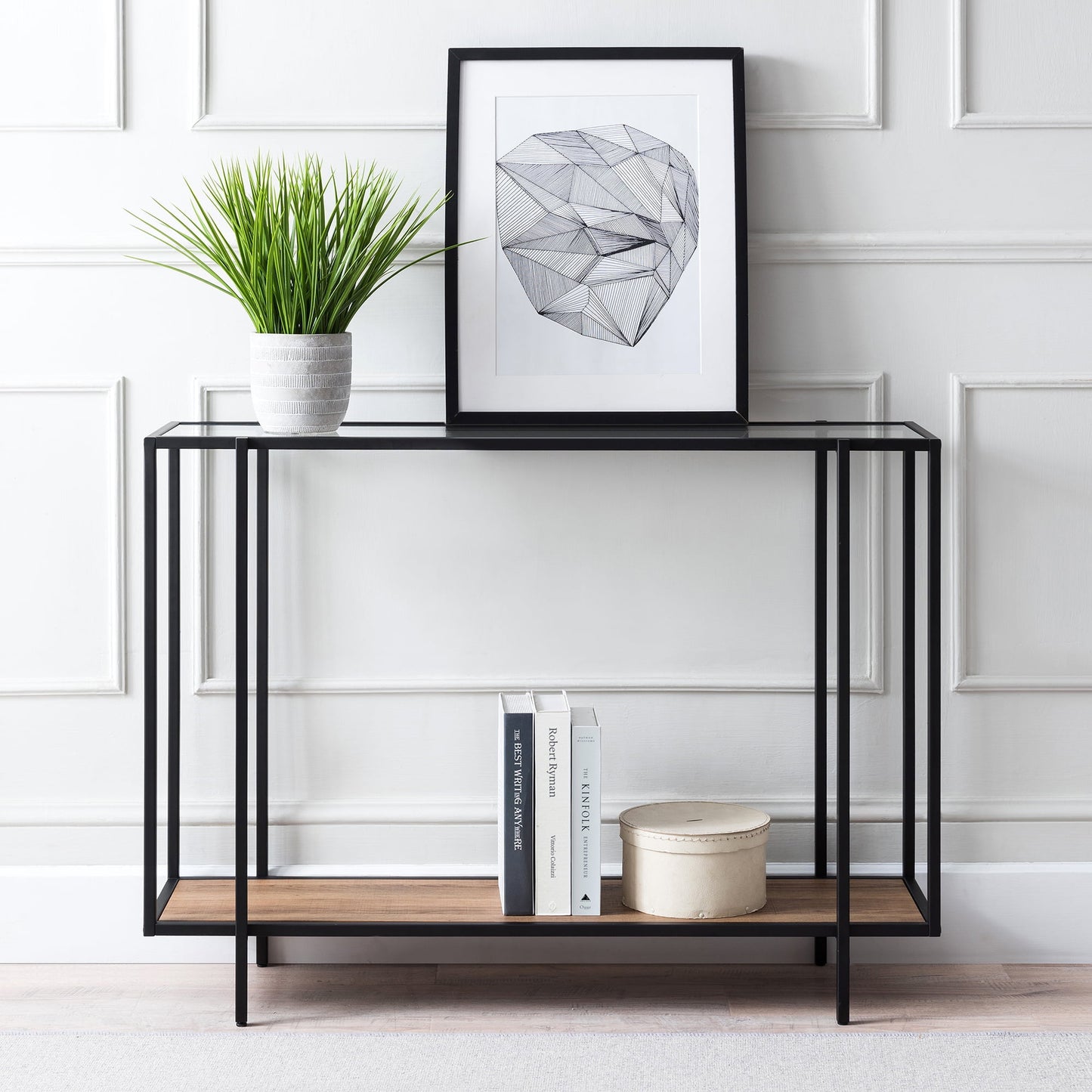 Evelyn&Zoe Vireo 42" Wide Rectangular Console Table with MDF Shelf, Blackened Bronze/Rustic Oak