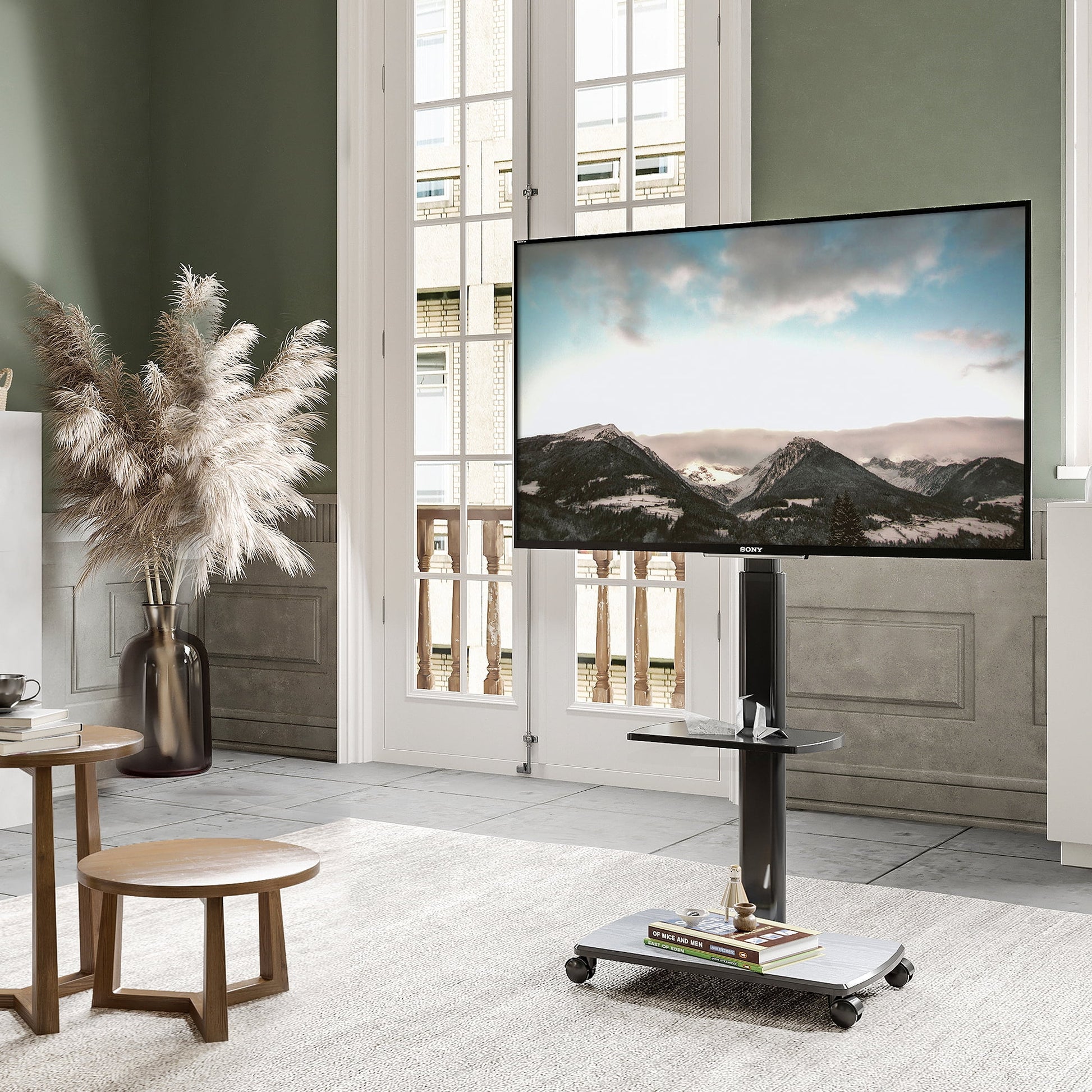 FITUEYES Rolling TV Cart for Living Room, Mobile TV Stand with Lockable Wheels for Corner, Fit 32- 65 inch TVs, Modern