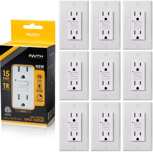 Faith 15A GFCI Outlets, Slim, Tamper-Resistant GFI Duplex Receptacles with LED Indicator, Self-Test Ground Fault Circuit Interrupter with Wall Plate, ETL Listed, White, 10 Pack