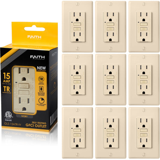 Faith 15A GFCI Outlets, Slim, Tamper-Resistant GFI Receptacles with Wall Plate, Ivory, 10 Pack