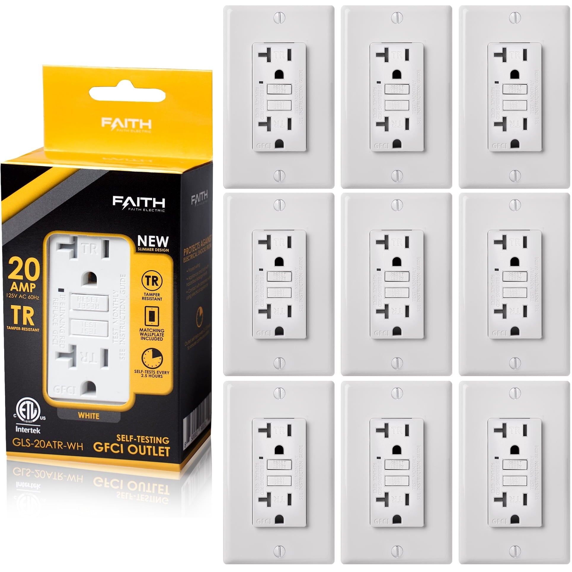 Faith 20A GFCI Outlets, Slim, Tamper-Resistant GFI Receptacles with Wall Plate, White, 10 Pack
